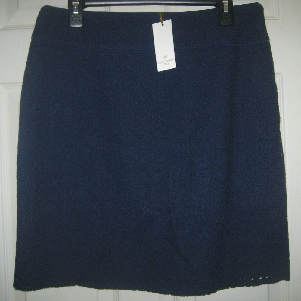 New Saint Tropez West Lined Cotton Eyelet Skirt Navy Blue Size 10 NWT